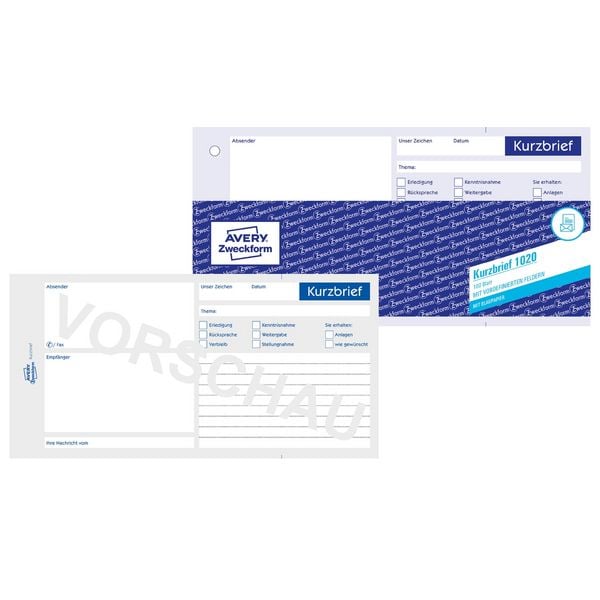 Produktbild: AVERY Zweckform Kurzbrief mit Blaupapier 1/3 DIN A4 100 Blatt