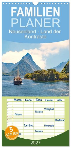 Produktbild: Familienplaner 2027 - Neuseeland - Land der Kontraste mit 5 Spalten (Wandkalender, 21 x 45 cm) CALVENDO