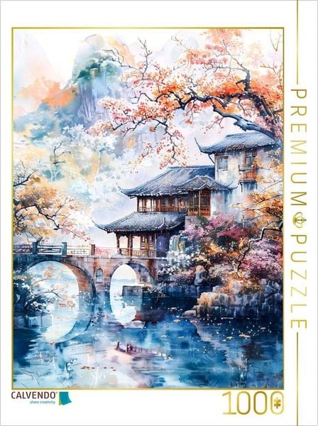 CALVENDO Puzzle Bergdorf mit Brücke. Chinesische Häuser. Aquarellmalerei | 1000 Teile Lege-Größe 64x48cm Foto-Puzzle für