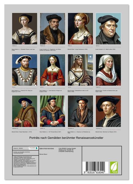 Produktbild: Portr&auml;ts nach Gem&auml;lden ber&uuml;hmter Renaissancek&uuml;nstler (Wandkalender 2026 DIN A4 hoch), CALVENDO Monatskalender