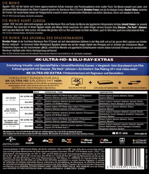 Produktbild: Die Mumie Trilogie - Die Mumie / Die Mumie kehrt zur&uuml;ck / Die Mumie: Das Grabmal des Drachenkaisers (3 4K Ultra HD) (+ 3 Blu-rays)