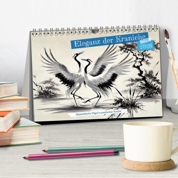 Produktbild: Eleganz der Kraniche - Majest&auml;tische V&ouml;gel in poetischer Tusche (Tischkalender 2026 DIN A5 quer), CALVENDO Monatskalender