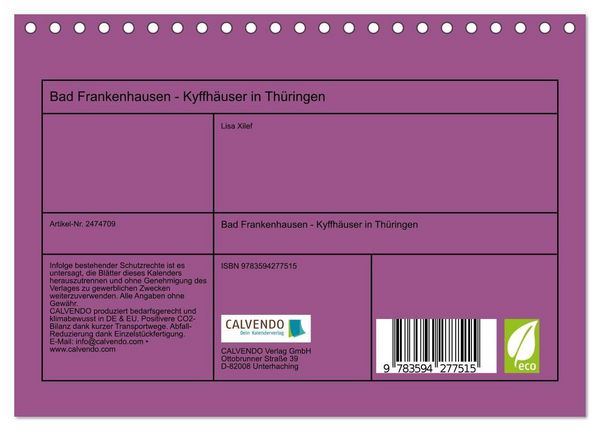 Produktbild: Bad Frankenhausen - Kyffh&auml;user in Th&uuml;ringen (Tischkalender 2027 DIN A5 quer), CALVENDO Monatskalender
