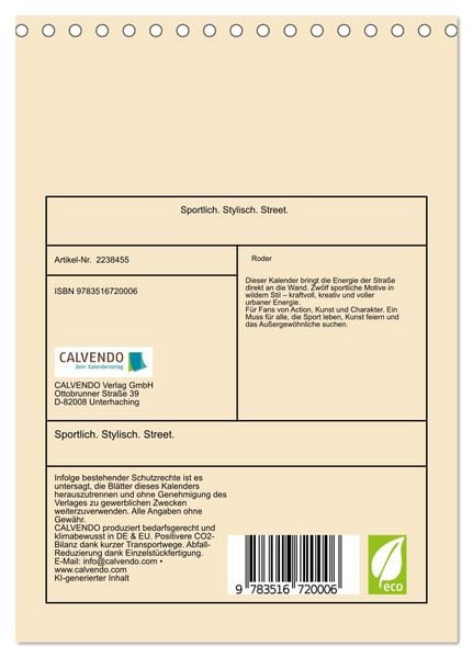 Produktbild: Sportlich. Stylisch. Street. (Tischkalender 2026 DIN A5 hoch), CALVENDO Monatskalender