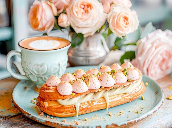 Produktbild: CALVENDO Puzzle Cappuccino mit &Eacute;clair und Rosen | 2000 Teile Lege-Gr&ouml;&szlig;e 90x67cm Foto-Puzzle f&uuml;r gl&uuml;ckliche Stunden