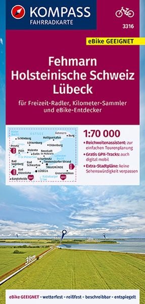 KOMPASS Fahrradkarte 3316 Fehmarn, Holsteinische Schweiz, Lübeck 1:70.000, Sonstige von , Kompass-Karten, 978-3-99121-349-9