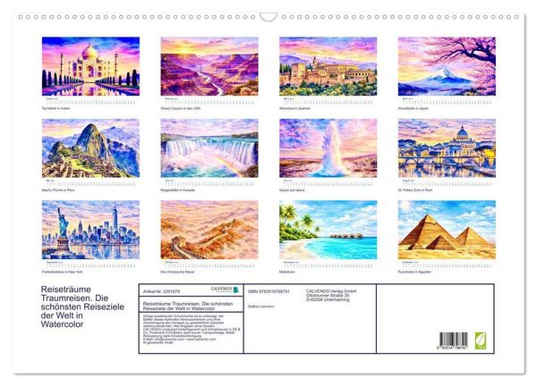 Produktbild: Reisetr&auml;ume Traumreisen. Die sch&ouml;nsten Reiseziele der Welt in Watercolor (Wandkalender 2027 DIN A2 quer), CALVENDO Monatskalender