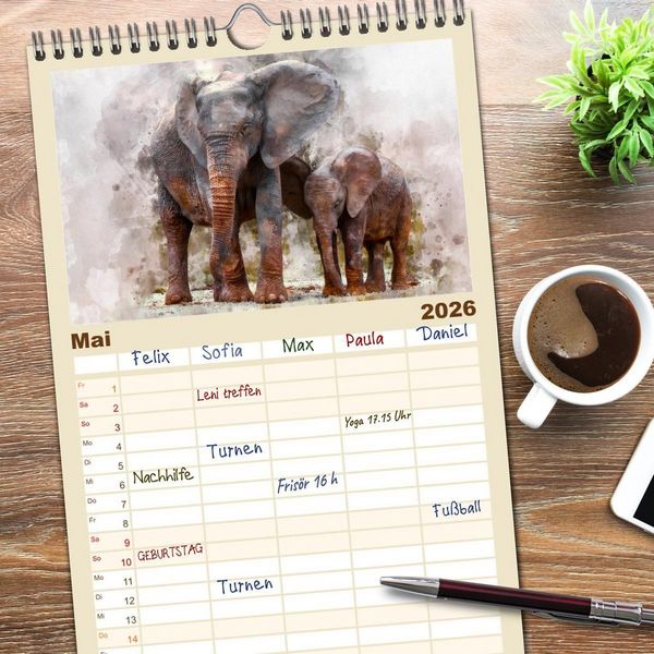 Produktbild: Familienplaner 2026 - Elefanten - k&uuml;nstlerische Impressionen der gr&ouml;&szlig;ten noch lebenden Landtiere mit 5 Spalten (Wandkalender, 21 x 45 cm) CALVENDO