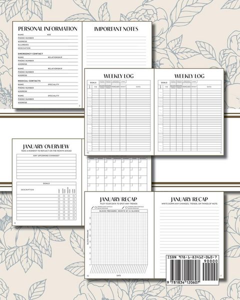 Produktbild: XL Large Print 1-Year Blood Pressure Tracker (Blue Roses on Cream)