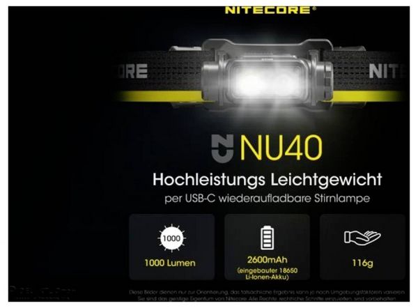 Produktbild: NiteCore NU40 LED Stirnlampe akkubetrieben 1000lm NC-NU40