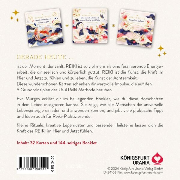 Produktbild: Reiki &ndash; Die Kraft im Hier und Jetzt: 32 Achtsamkeitskarten mit Goldfolie und Goldschnitt, St&uuml;lpdeckelschachtel mit Goldpr&auml;gung und 144-seitiges Buch