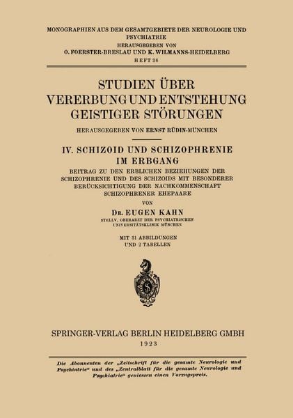 Produktbild: Studien &Uuml;ber Vererbung und Entstehung Geistiger St&ouml;rungen