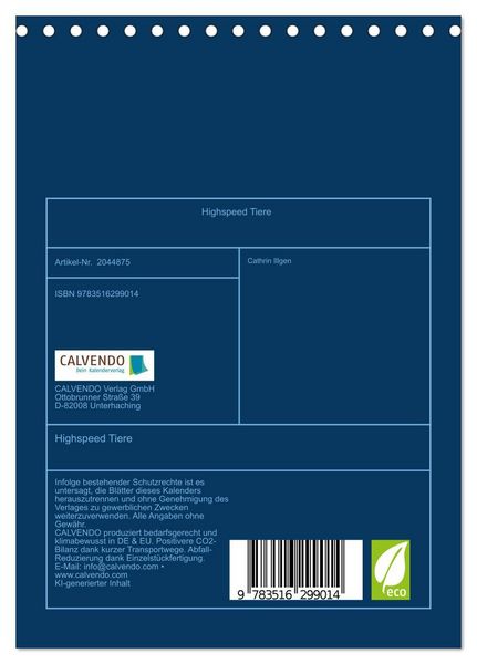 Produktbild: Highspeed Tiere (Tischkalender 2026 DIN A5 hoch), CALVENDO Monatskalender