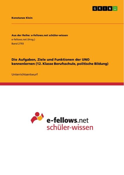 Die Aufgaben, Ziele und Funktionen der UNO kennenlernen (12. Klasse Berufsschule, politische Bildung), Taschenbuch von Konstanze Klein, GRIN,