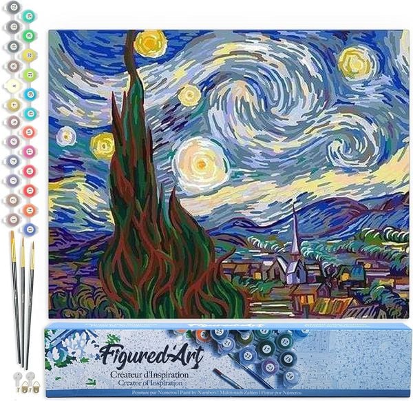 Produktbild: FiguredArt PN590 - Malen nach Zahlen, Sternennacht Van Gogh, 40x50cm, ohne Keilrahmen, Sternennacht Van Gogh, Leinwand 40x50cm ohne Rahmen, Malset, Paint by Numbers