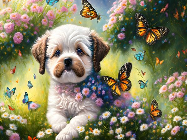 Produktbild: CALVENDO Puzzle S&uuml;&szlig;er kleiner Hund mit Schmetterlingen | 1000 Teile Lege-Gr&ouml;&szlig;e 64x48cm Foto-Puzzle f&uuml;r gl&uuml;ckliche Stunden