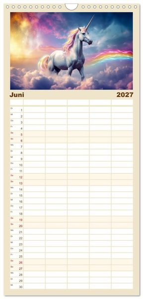 Produktbild: Familienplaner 2027 - Magische Momente im Land der Einh&ouml;rner mit 5 Spalten (Wandkalender, 21 x 45 cm) CALVENDO