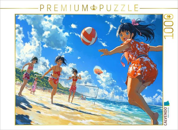 CALVENDO Puzzle Anime Volleyball Girls - Kawaii Manga-Szene am Strand in leuchtenden Farben | 1000 Teile Lege-Größe 64x48cm Foto-Puzzle für glückliche Stunden