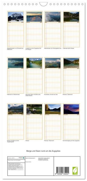 Produktbild: Familienplaner 2027 - Berge und Seen rund um die Zugspitze mit 5 Spalten (Wandkalender, 21 x 45 cm) CALVENDO