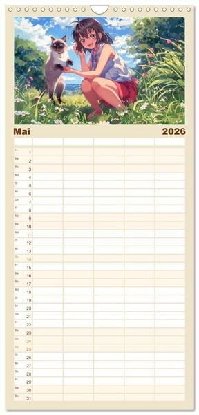 Produktbild: Familienplaner 2026 - Tierische Anime-Freunde - Fr&ouml;hliche Streifz&uuml;ge mit Hund und Katze mit 5 Spalten (Wandkalender, 21 x 45 cm) CALVENDO
