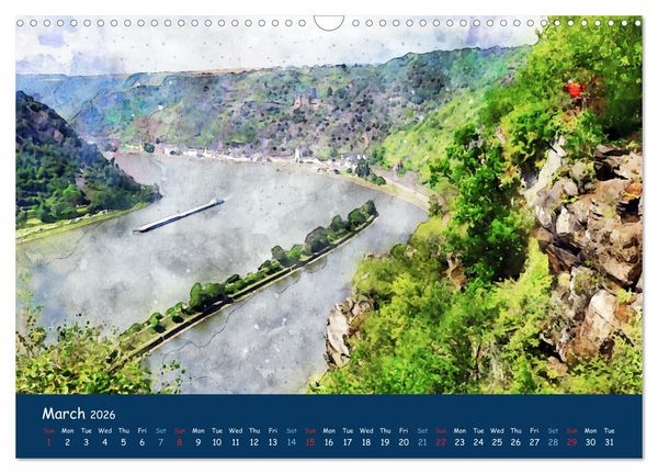 Produktbild: The Rhine valley - From Koblenz to Mainz in watercolours (Wall Calendar 2026 DIN A3 landscape), CALVENDO 12 Month Wall Calendar