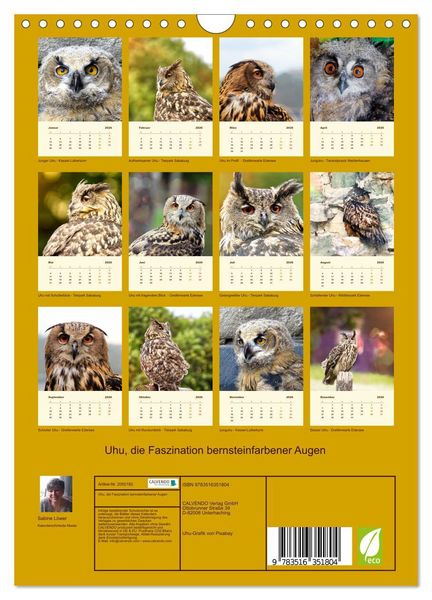 Produktbild: Uhu, die Faszination bernsteinfarbener Augen (Wandkalender 2026 DIN A4 hoch), CALVENDO Monatskalender