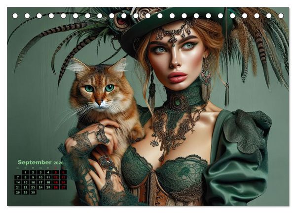 Produktbild: Luxuri&ouml;ser Bohemian Flair - Elegante Frauen mit anmutigen Katzen (Tischkalender 2026 DIN A5 quer), CALVENDO Monatskalender
