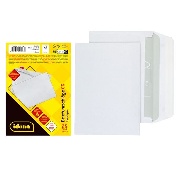 Produktbild: Idena Briefumschl&auml;ge 75g/m&sup2; haftklebend ohne Fenster wei&szlig; DIN C6 25 St&uuml;ck