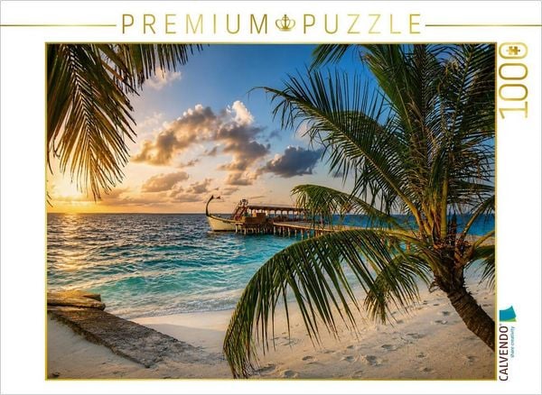 CALVENDO Puzzle Sonnenuntergang am Malediven-Strand mit traditionellem Dhoni-Boot und Palmen | 1000 Teile Lege-Größe 64 × 48 cm Foto-Puzzle für glückliche Stunden