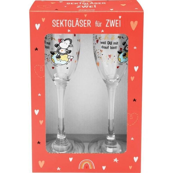 Produktbild: Secco-Glas-Set "Die Welt ist sch&ouml;n, weil Du mit drauf bist"