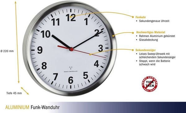 Produktbild: TFA Dostmann 60.3529.02 Funk Wanduhr 22 cm x 45 mm Aluminium Leisegang-Uhrwerk, Energiesparfunktion