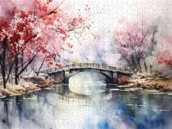 Produktbild: CALVENDO Puzzle Br&uuml;cke unter bl&uuml;henden B&auml;umen | 1000 Teile Lege-Gr&ouml;&szlig;e 64x48cm Foto-Puzzle f&uuml;r gl&uuml;ckliche Stunden