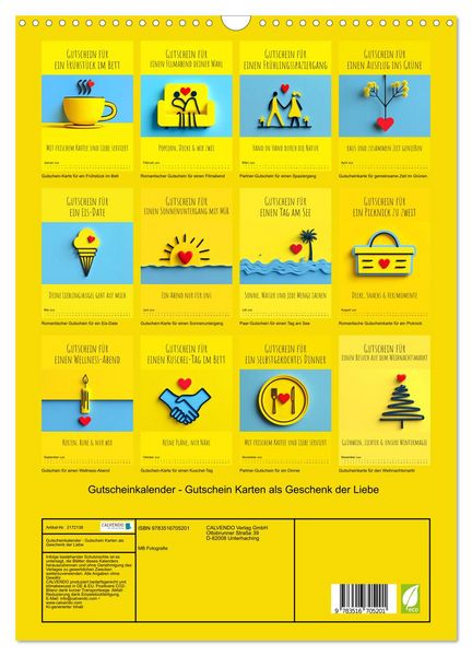 Produktbild: Gutscheinkalender - Gutschein Karten als Geschenk der Liebe (Wandkalender 2026 DIN A3 hoch), CALVENDO Monatskalender