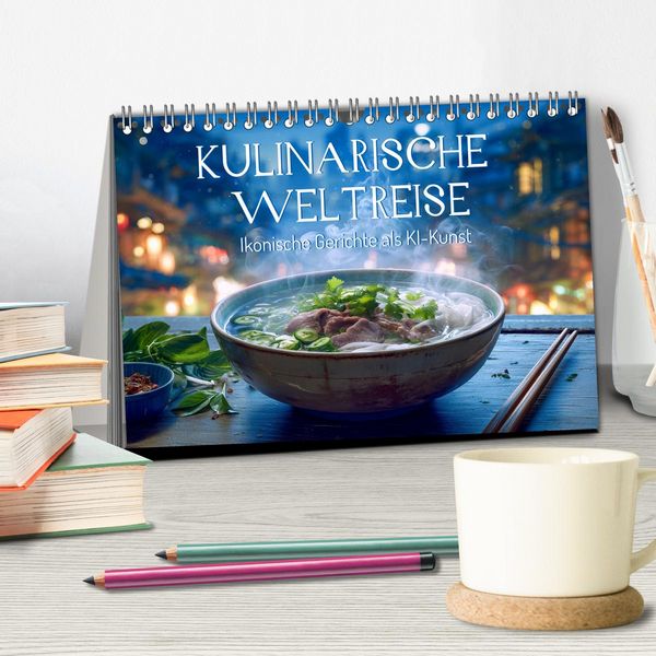 Produktbild: Kulinarische Weltreise. Ikonische Gerichte als KI-Kunst (Tischkalender 2026 DIN A5 quer), CALVENDO Monatskalender