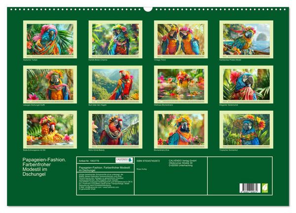 Produktbild: Papageien-Fashion. Farbenfroher Modestil im Dschungel (Wandkalender 2026 DIN A2 quer), CALVENDO Monatskalender