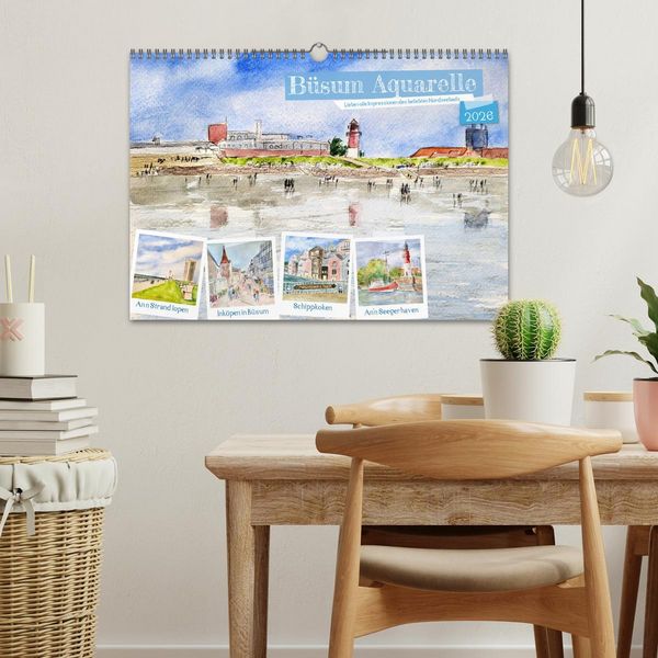 Produktbild: B&uuml;sum Aquarelle - Liebevolle Impressionen des beliebten Nordseebads (Wandkalender 2026 DIN A3 quer), CALVENDO Monatskalender