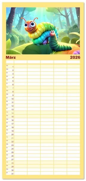 Produktbild: Familienplaner 2026 - W&uuml;rmchen Zauber mit 5 Spalten (Wandkalender, 21 x 45 cm) CALVENDO