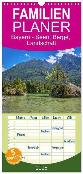 Produktbild: Familienplaner 2026 - Bayern - Seen, Berge, Landschaft mit 5 Spalten (Wandkalender, 21 x 45 cm) CALVENDO