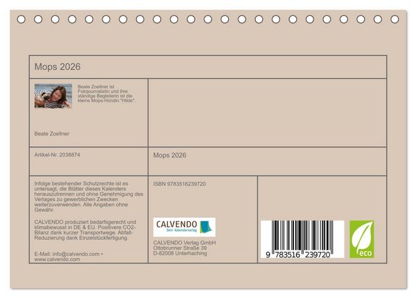 Produktbild: Mops 2026 (Tischkalender 2026 DIN A5 quer), CALVENDO Monatskalender