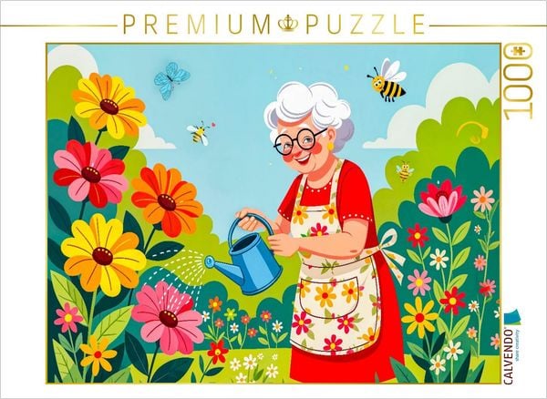Produktbild: CALVENDO Puzzle Oma gie&szlig;t bunte Blumen im Garten mit voller Freude | 1000 Teile Lege-Gr&ouml;&szlig;e 64x48cm Foto-Puzzle f&uuml;r gl&uuml;ckliche Stunden