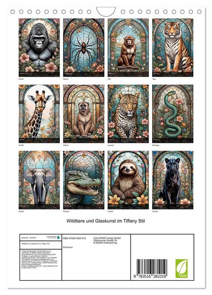 Produktbild: Wildtiere und Glaskunst im Tiffany Stil (Wandkalender 2026 DIN A4 hoch), CALVENDO Monatskalender