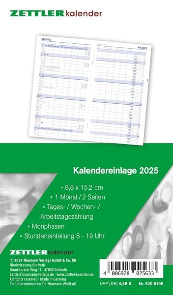 Kalender-Ersatzeinlage 2025 - für den Taschenplaner Typ 520 - 8,8x15,2 cm - 1 Mo