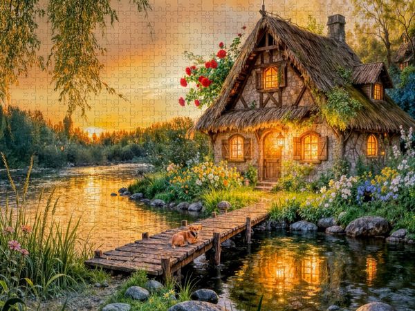 Produktbild: CALVENDO Puzzle Sp&auml;tsommer Cottage am Fluss mit Hund auf der Br&uuml;cke | 1000 Teile Lege-Gr&ouml;&szlig;e 64x48cm Foto-Puzzle f&uuml;r gl&uuml;ckliche Stunden