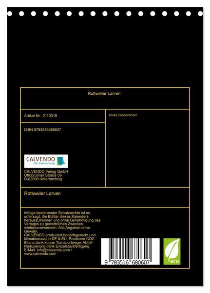 Produktbild: Rottweiler Larven (Tischkalender 2026 DIN A5 hoch), CALVENDO Monatskalender