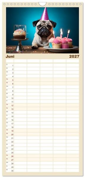 Produktbild: Familienplaner 2027 - Lustige Mops-Hunde: Die charmanten Meister von Chaos und Unfug mit 5 Spalten (Wandkalender, 21 x 45 cm) CALVENDO