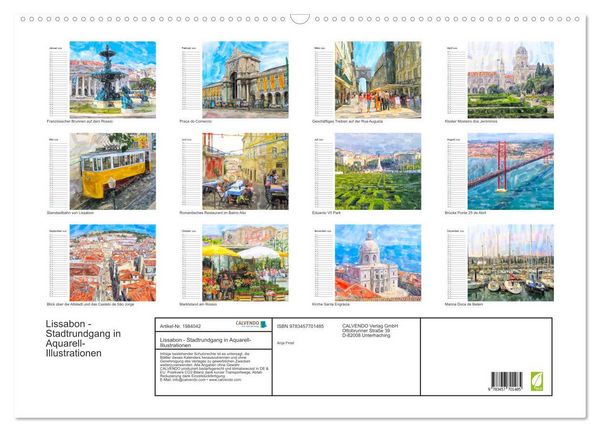 Produktbild: Lissabon - Stadtrundgang in Aquarell-Illustrationen (Wandkalender 2026 DIN A2 quer), CALVENDO Monatskalender