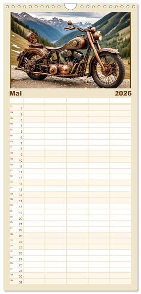 Produktbild: Familienplaner 2026 - Motorr&auml;der im Steampunk-Style mit 5 Spalten (Wandkalender, 21 x 45 cm) CALVENDO