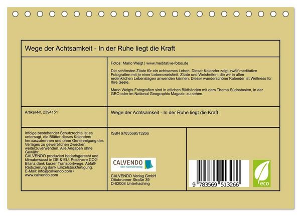 Produktbild: Wege der Achtsamkeit - In der Ruhe liegt die Kraft (Tischkalender 2027 DIN A5 quer), CALVENDO Monatskalender