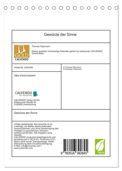 Produktbild: Gew&uuml;rze der Sinne (Tischkalender 2026 DIN A5 hoch), CALVENDO Monatskalender