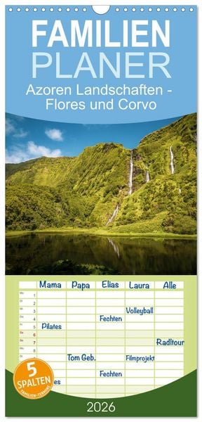 Produktbild: Familienplaner 2026 - Azoren Landschaften - Flores und Corvo mit 5 Spalten (Wandkalender, 21 x 45 cm) CALVENDO